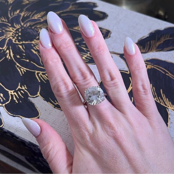 Vintage Cocktail 925 Sterling Silver Ring with Large Clear Crystal Stone - Picture 3 of 14